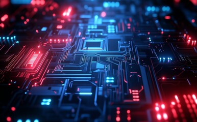 Obraz premium A hyper-detailed shot of a microchip, featuring glowing circuits and flowing data streams, reflecting cyberpunk technology and ultra-realistic sci-fi engineering