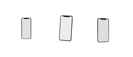 Three modern smartphones with blank white screens in different perspectives. Ideal for app mockups, UI design previews, and mobile technology concepts against or on transparent PNG background.


