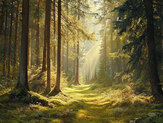 Fototapeta premium Sunlight streams through a misty coniferous forest.