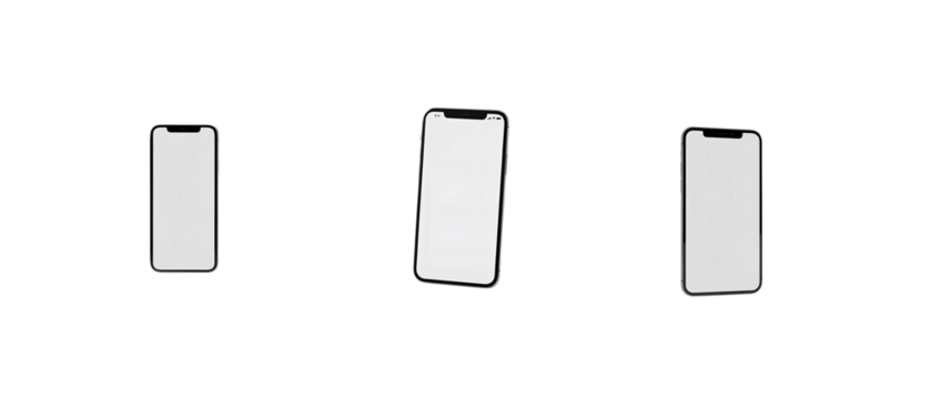 Three modern smartphones with blank white screens in different perspectives. Ideal for app mockups, UI design previews, and mobile technology concepts against or on transparent PNG background.


