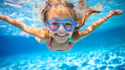 Naklejka premium Underwater swimming girl child happy summer vacation pool goggles water fun active lifestyle recreation 