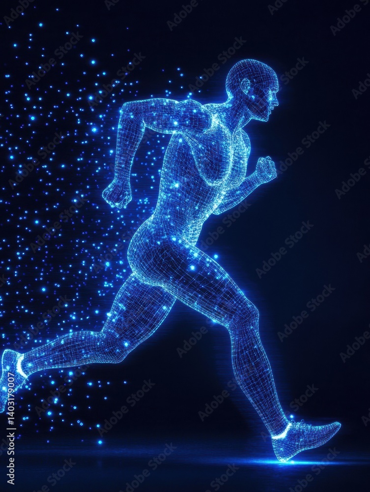 Leinwandbilder runner in motion with glowing digital wireframe muscles captured during dynamic freeze in dark envir