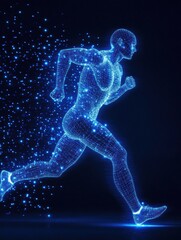 Fototapeta premium Runner in motion with glowing digital wireframe muscles captured during dynamic freeze in dark environment