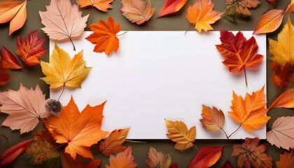 Autumn white banner decorated with fallen leaves
