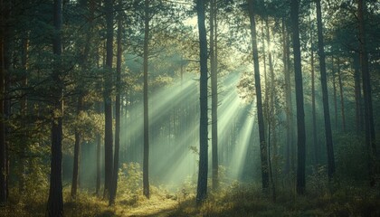 Obraz premium Sunlight streams through a misty forest.