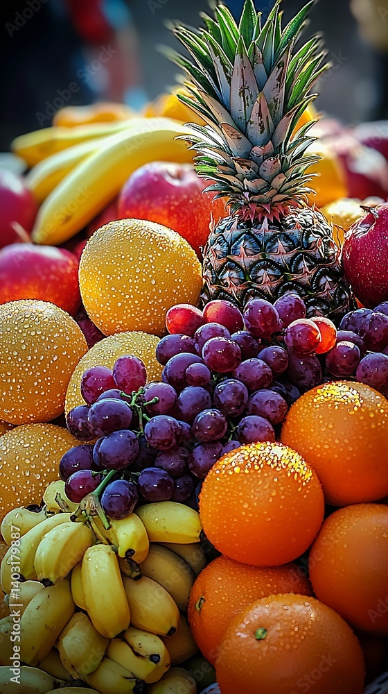 Poster vibrant fresh fruits display with sparkling dewdrops showcasing pineapple apples grapes and oranges 