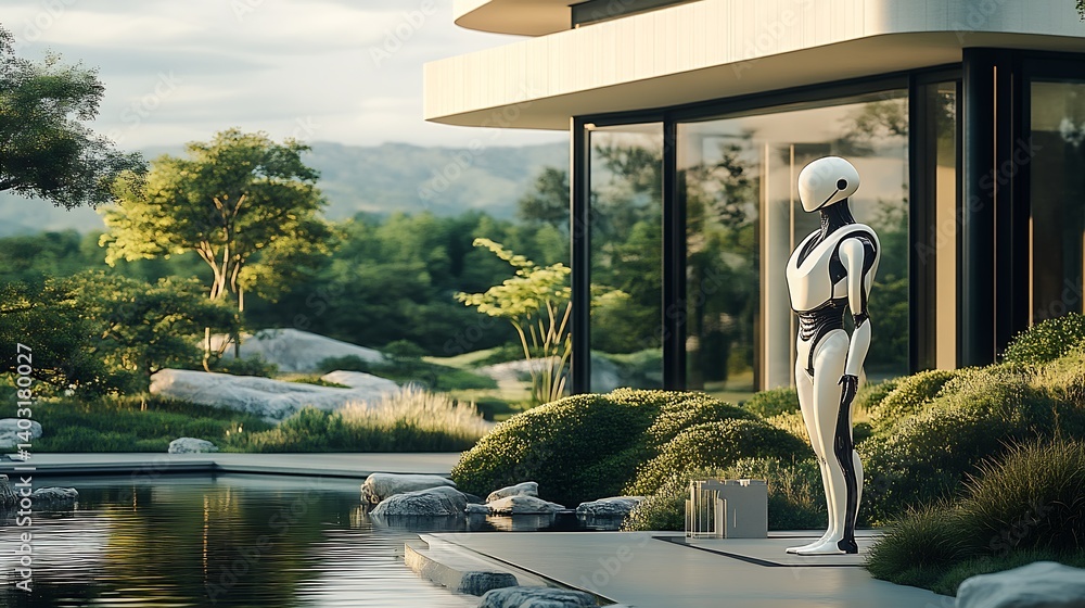 Aufkleber A sleek white robotic figure positioned elegantly beside a tranquil water feature in a modern environment : Generative AI