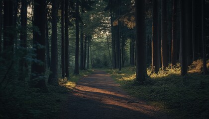 Obraz premium Sunlit path meandering through a dense forest.