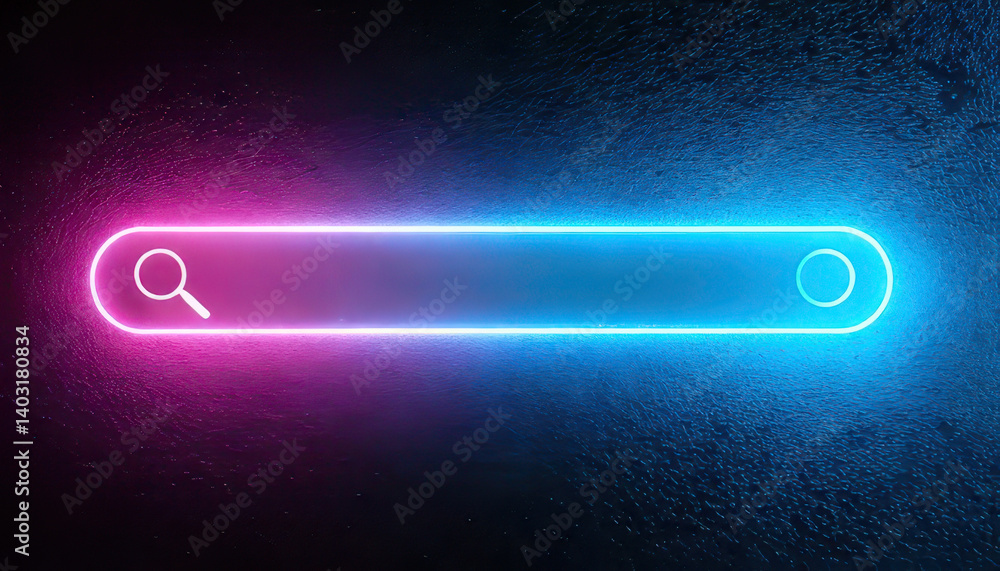 Poster futuristic neon search bar glowing on dark surface, creating clean and minimal design