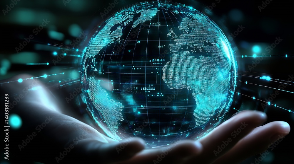 Poster hand holding a glowing digital earth with vivid information streams and data connections : generativ