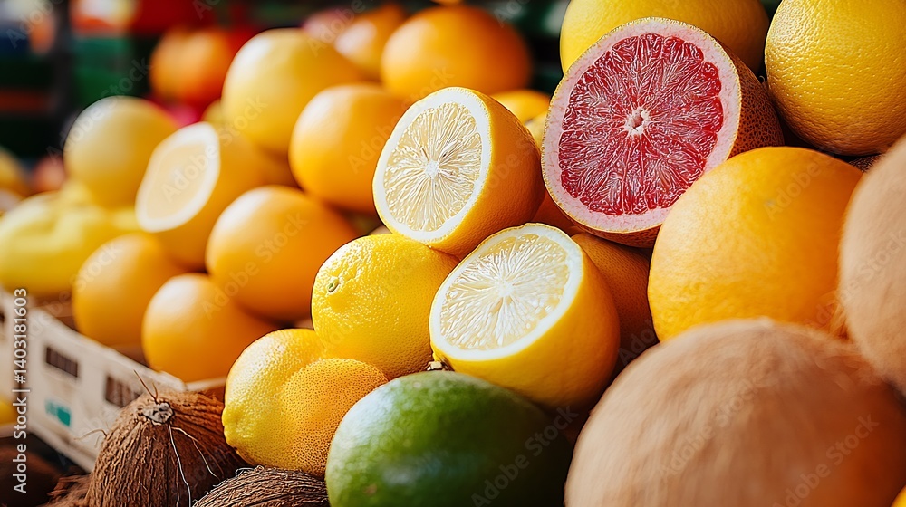 Poster colorful display of lemons grapefruits and oranges stacked attractively at a busy fruit market : gen