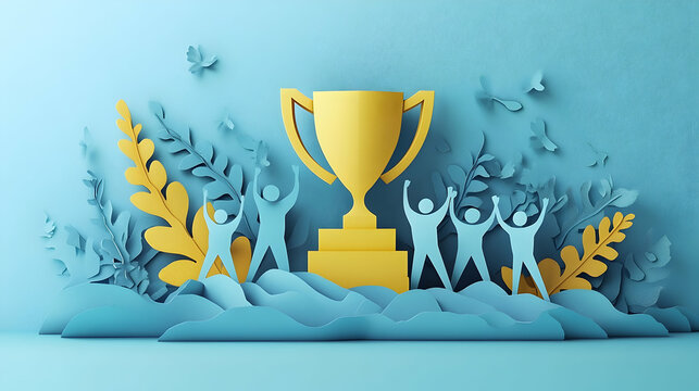 A group of people celebrating a victory with a golden trophy.