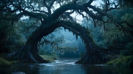 Fototapeta premium A mystical, ancient forest draped in mist, with a serene river and towering trees.
