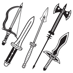 RPG weapon icon set vector illustration, vector fantasy game sword collection, dungeon dragon battle attack object kit: magic sorcerer staff, warrior dagger, medieval bow, arrow, 