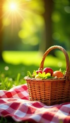 Sunny day, checkered blanket, picnic basket, food, cheerful, enjoyment, friends