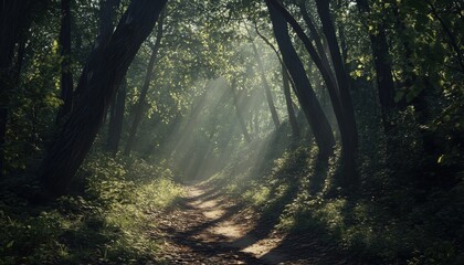 Obraz premium Sunlight streams through a dense, misty forest path.