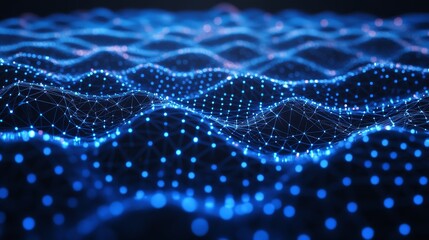 Futuristic Blue Technology Background: 3D Digital Waves and Particles in Network Simulation