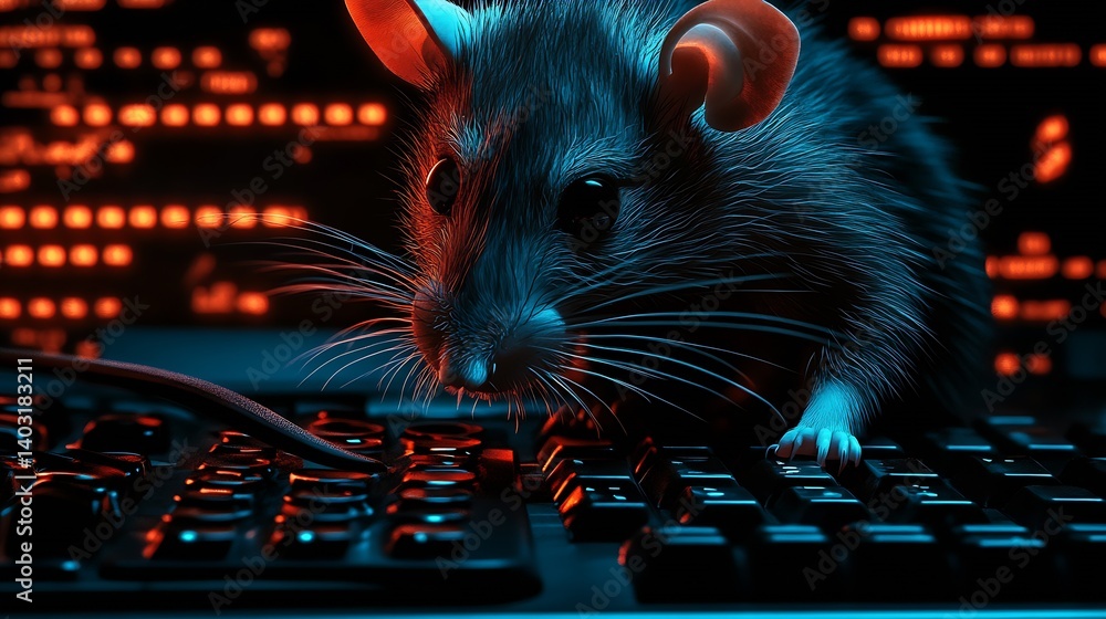 Poster Close-Up of Mouse Exploring Keyboard Surrounded by Glowing Digital Effects : Generative AI