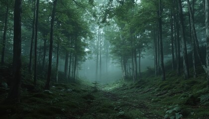 Naklejka premium Misty forest path shrouded in deep green.