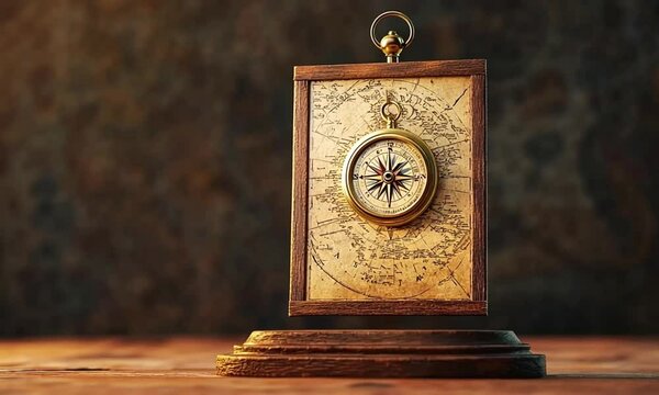 Antique compass on a vintage map display.