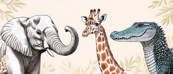 Fototapeta premium African Wildlife Trio Elephant, Giraffe, Crocodile (10)