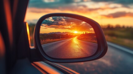 Sunset road trip reflected in car mirror, countryside background
