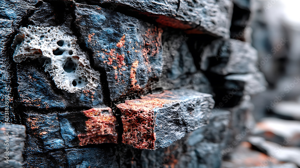 Poster close up view of textured black rock, showcasing intricate patterns and colors, evoking sense of nat