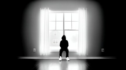 Fototapeta premium person wearing a hoodie and white sneakers, sitting alone in front of a large window with white curtains in a dimly lit room, evoking a mood of solitude and quiet introspection.