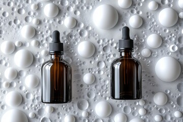 A bottle of skincare mist, highlighted by soft natural lighting, with floating water spheres around it, evoking a sense of lightness and purity
