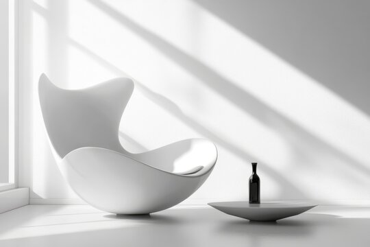 A simple, black-and-white display with prominent architectural features, presenting upscale fashion items