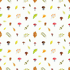 Seamless background with mushrooms and autumn leaves. Realistic botanical watercolor illustrations. Forest autumn objects isolated on white background. Texture for children's, wallpaper, textiles