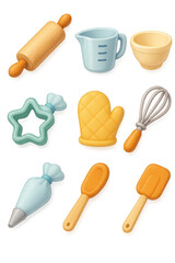 Charming 3d baking tool icons set: whisk, rolling pin, bowl & more