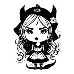 Enchanting Witch Girl Illustration in Black and White