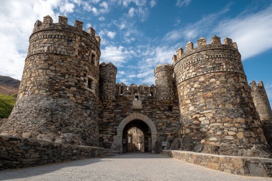 Historic castle gate with stone towers against a blue sky background - Powered by Adobe