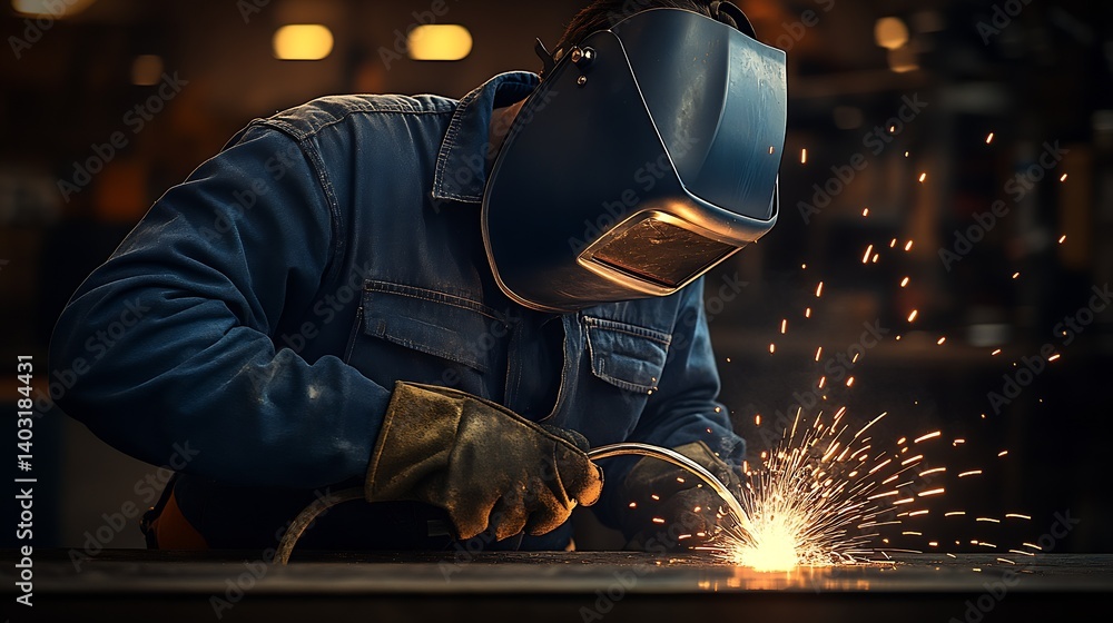 Aufkleber professional welder concentrating on metalwork with bright sparks in a workshop : generative ai