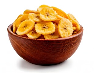 Dried banana chips in wooden bowl close-up, isolated on white background, healthy vegetarian snack, natural dried fruit for clean eating, diet, vegan food concepts, organic food blog visuals

