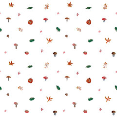Seamless pattern with pumpkins, autumn leaves, mushrooms and apples. Watercolor delicate print on white background, colorful illustration.