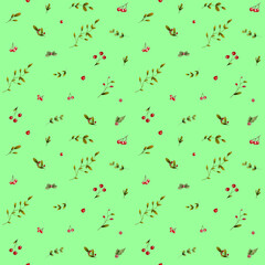 Seamless pattern with autumn leaves, branches and berries on mint background. Watercolor delicate print on white background, colorful illustration.