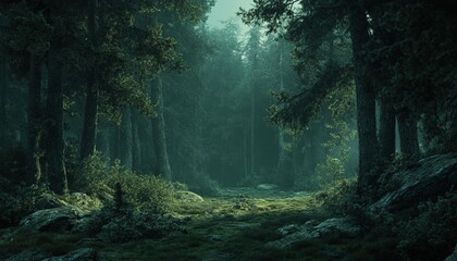 Obraz premium A mysterious and misty forest pathway shrouded in deep green.