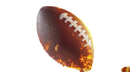 American football on fire sports equipment background for sports concept and high school football game on transparent background