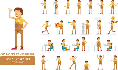 Vector young adult man in worker overalls ready-to-use character casual poses set in flat style. Full length, gestures, emotions, front, side, back view.