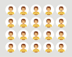 Vector young adult man avatars and emoticons set in flat style, front view.