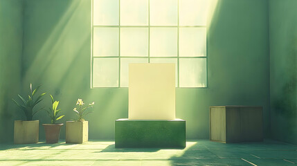 A muted green room with potted plants, a blank display, and natural light.