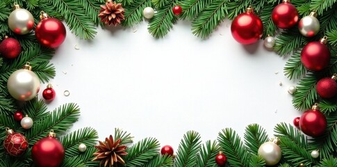 Festive red, green, white ornaments & branches border Christmas frame , happy holidays, winter
