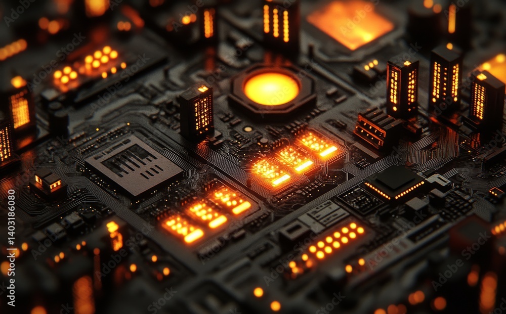 Poster a neon-bright circuit board, powered by ai for data processing, with deep cybernetic networks, futur