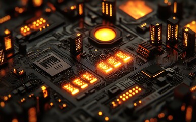 A neon-bright circuit board, powered by AI for data processing, with deep cybernetic networks, futuristic quantum computing, an engineering marvel of high technology, depicted in a photorealistic