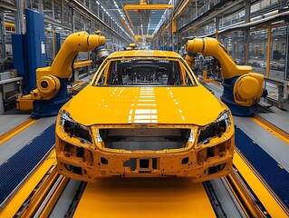 Yellow car body undergoing robotic assembly in factory.