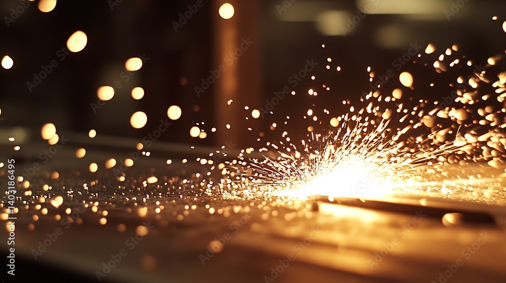 Fototapete Dynamic display of flying sparks during metal cutting process captured in warm light : Generative AI