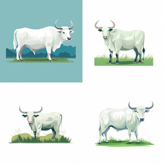 Four illustrations of white cattle in various poses.