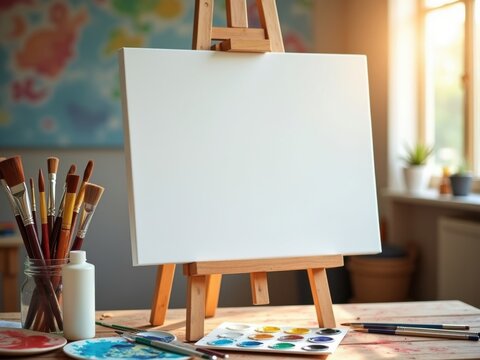 Lienzo en blanco sobre caballete en un estudio de arte con pinceles